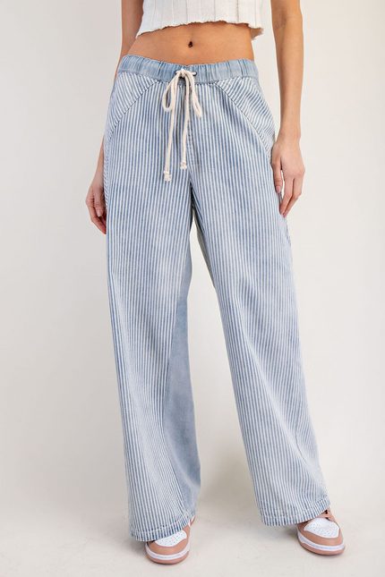 Washed Denim Striped Drawstring Pants