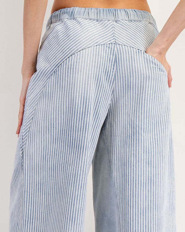 Washed Denim Striped Drawstring Pants - Shop Simply Apparel