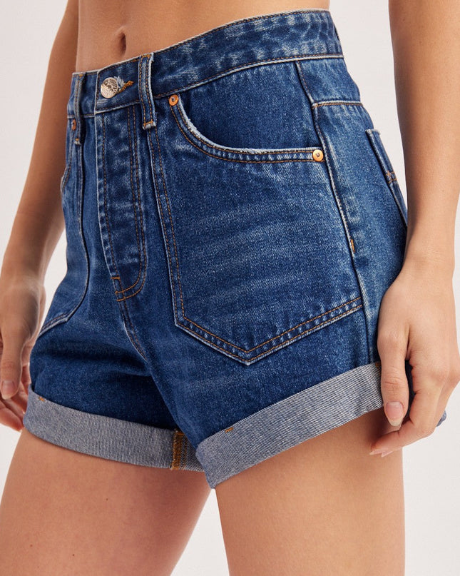 Western Pocket Rolled Hem Denim Shorts