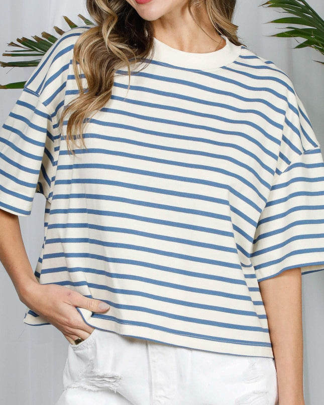 White/Blue Short Sleeve Striped Cotton Top