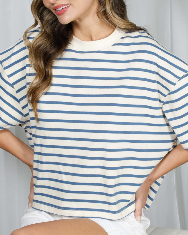 White/Blue Short Sleeve Striped Cotton Top