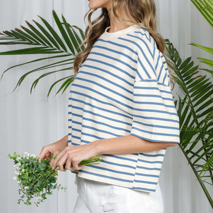 White/Blue Short Sleeve Striped Cotton Top