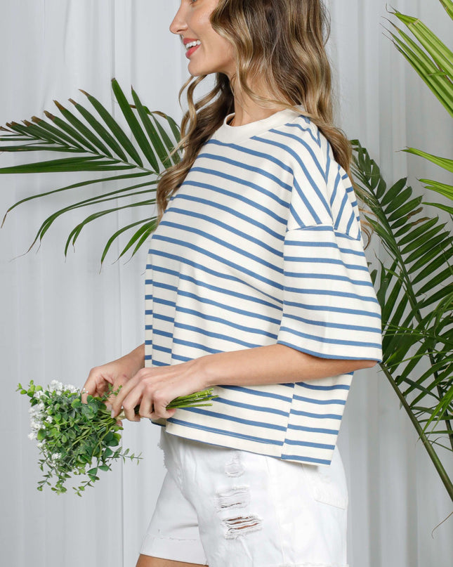 White/Blue Short Sleeve Striped Cotton Top