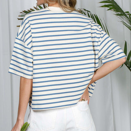 White/Blue Short Sleeve Striped Cotton Top