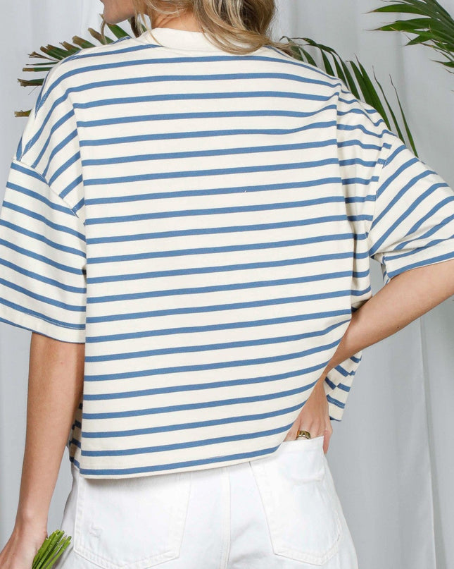 White/Blue Short Sleeve Striped Cotton Top