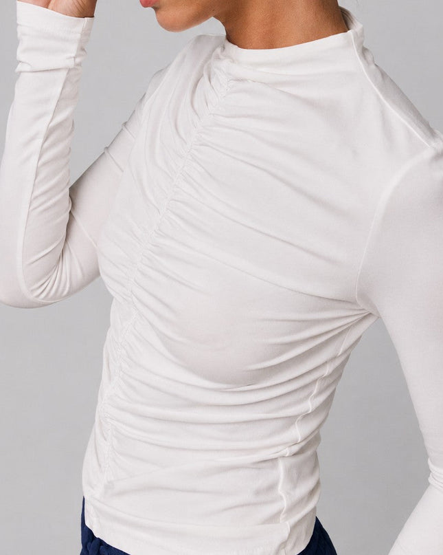 White Ruched Mock Neck Top