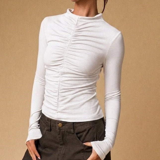 White Ruched Mock Neck Top