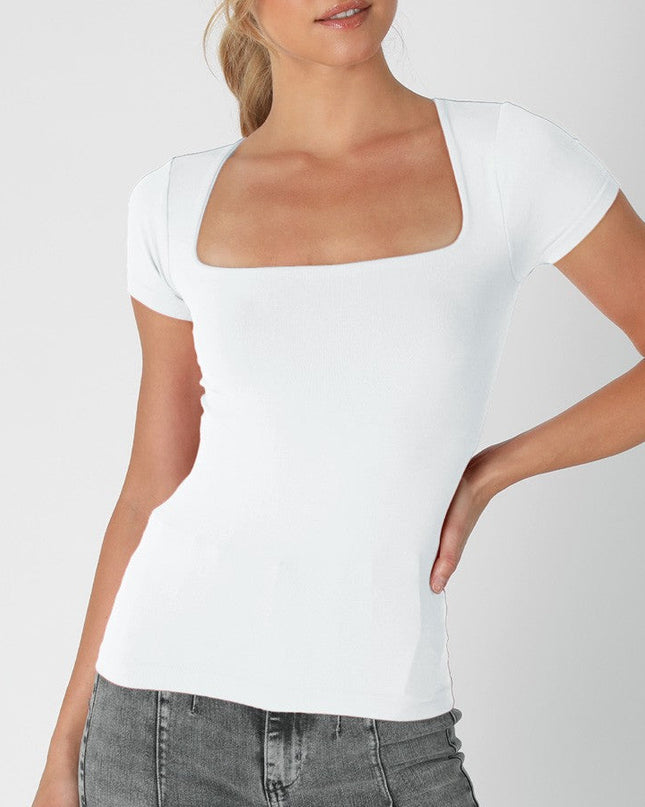 White Square Neck Short Sleeve Top