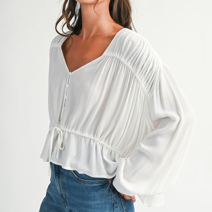 White Textured Button Front Peplum Blouse