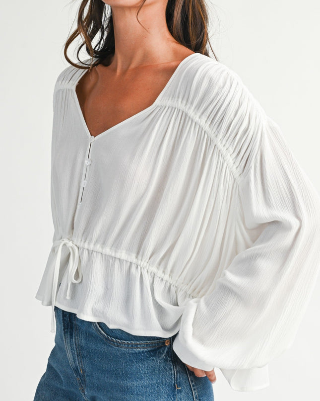 White Textured Button Front Peplum Blouse