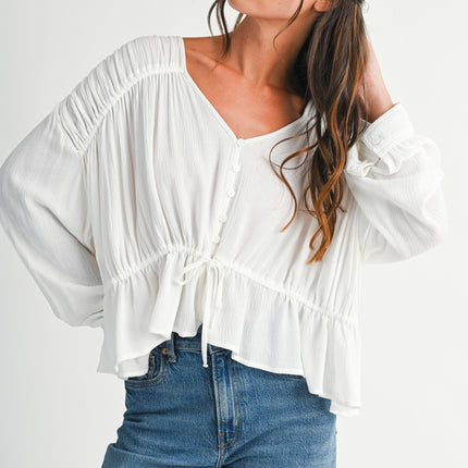 White Textured Button Front Peplum Blouse