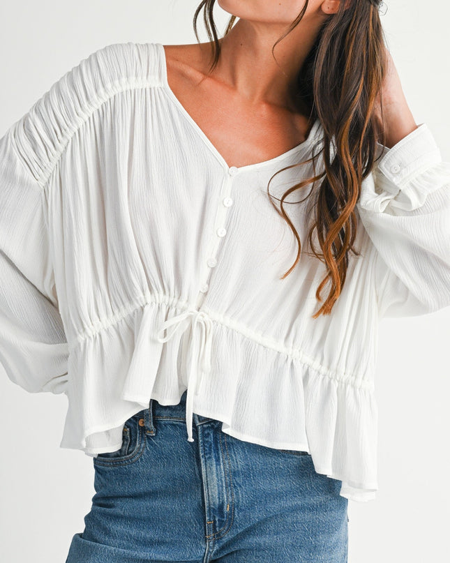 White Textured Button Front Peplum Blouse