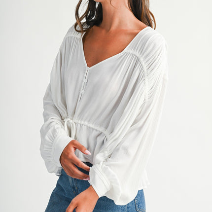 White Textured Button Front Peplum Boho Blouse