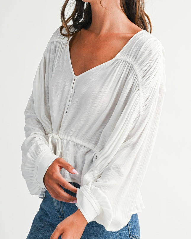 White Textured Button Front Peplum Boho Blouse