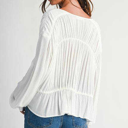 White Textured Button Front Peplum Blouse