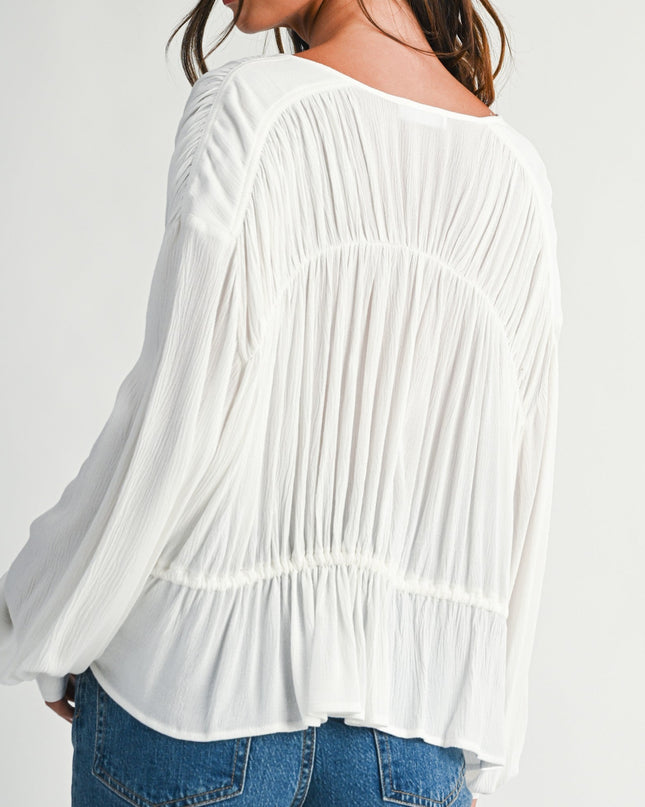 White Textured Button Front Peplum Blouse