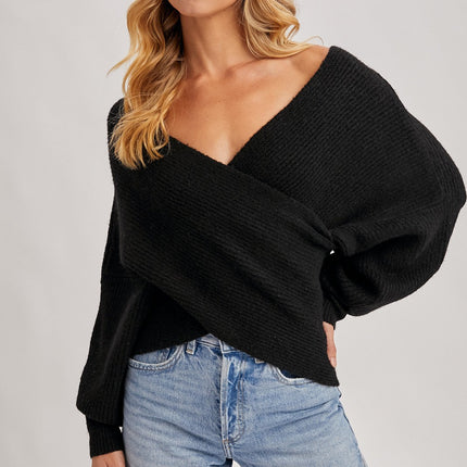Wrap Crossover Ribbed Fuzzy Knit Sweater Pullover