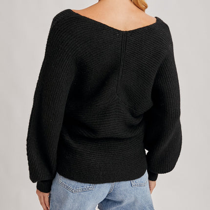 Black Wrap Crossover Ribbed Sweater