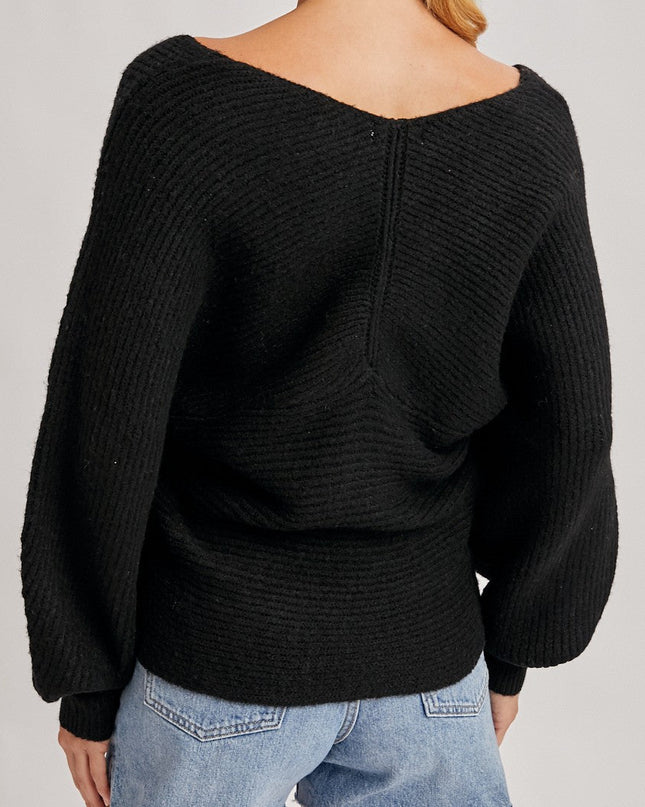 Black Wrap Crossover Ribbed Sweater