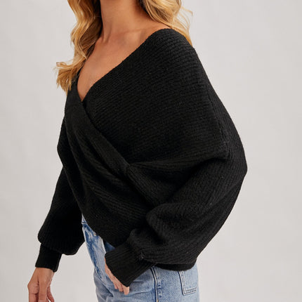 Black Wrap Crossover Ribbed Sweater