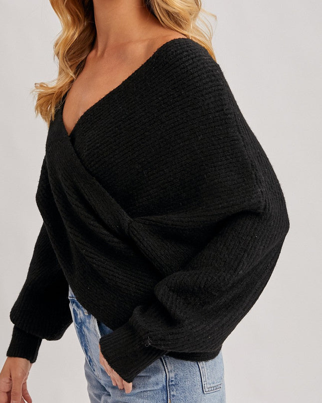 Black Wrap Crossover Ribbed Sweater