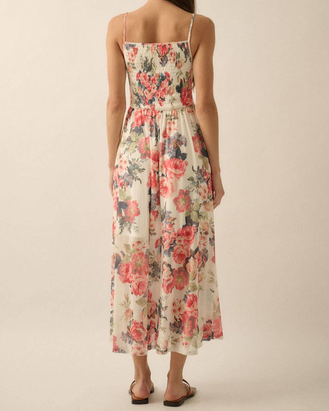 Floral Mesh Smocked-Bodice Cami Maxi Dress - Shop Simply Apparel