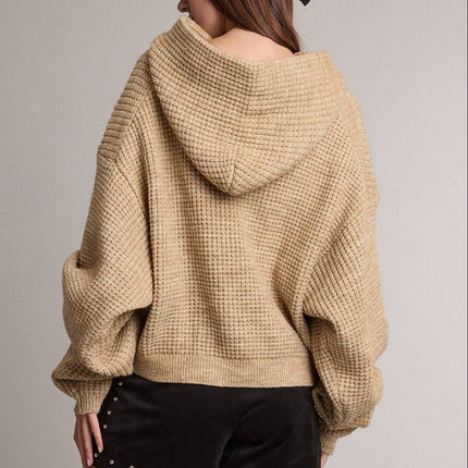 Beige Oversized Waffle Knit Hooded Sweater