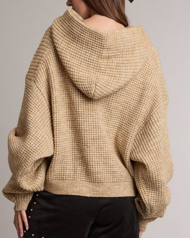 Beige Oversized Waffle Knit Hooded Sweater