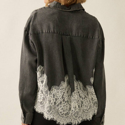 Black Chambray Lace Appliqué Shirt