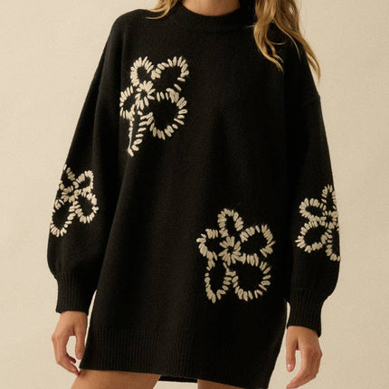Black Floral Embroidered Mini Sweater Dress - Shop Simply Apparel