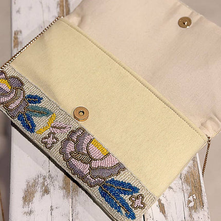 PRE-ORDER Floral Beaded Chain Strap Ivory Bag