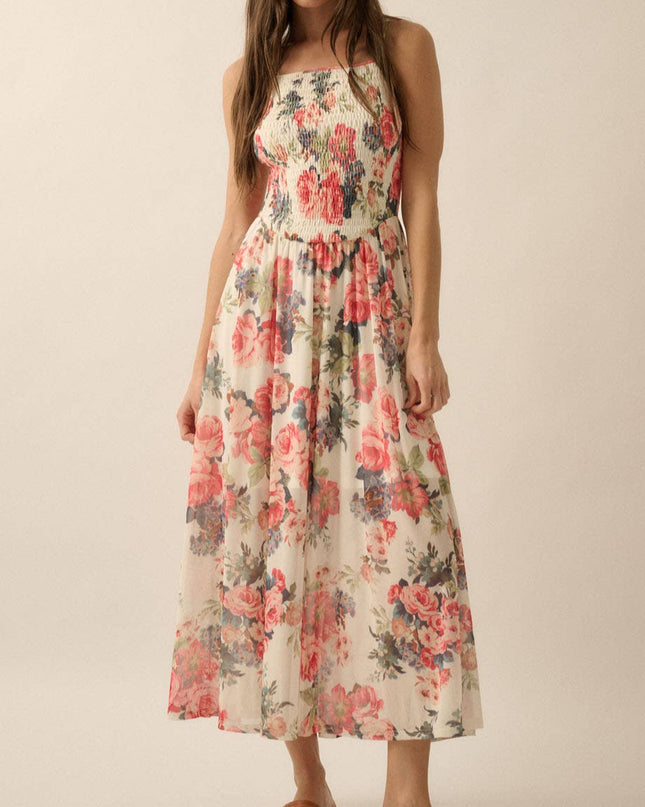 Floral Mesh Smocked-Bodice Cami Maxi Dress - Shop Simply Apparel