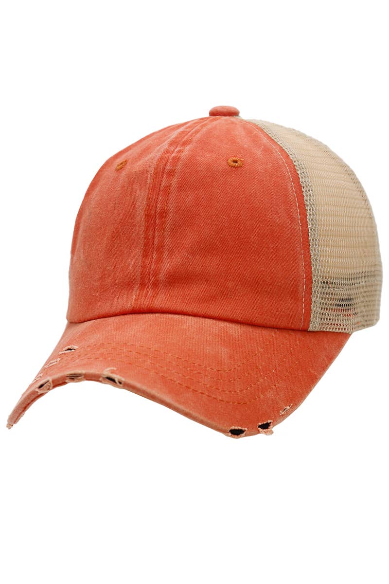 Orange Two Tone Distressed Pigmented Cotton Trucker Hat