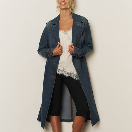 Denim long trench coat