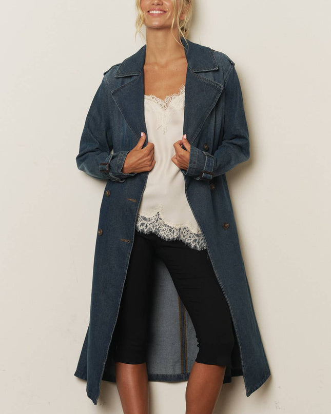 Denim long trench coat