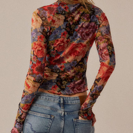 Black Floral-Print Mesh Top