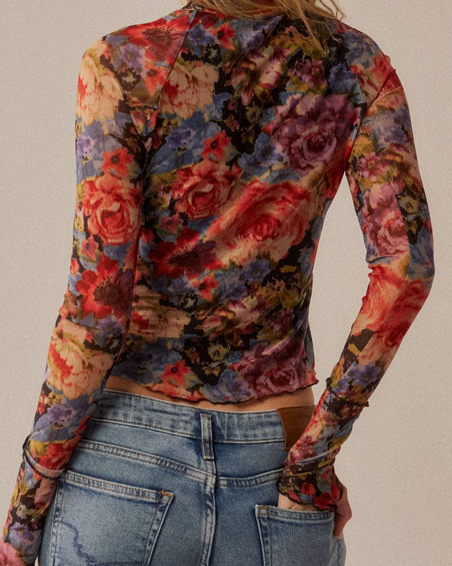 Black Floral-Print Mesh Top