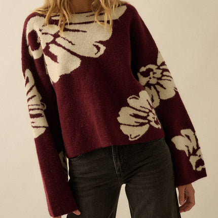 Burgundy Contrast Floral Sweater - Shop Simply Apparel