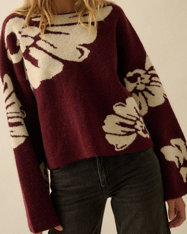 Burgundy Contrast Floral Sweater - Shop Simply Apparel