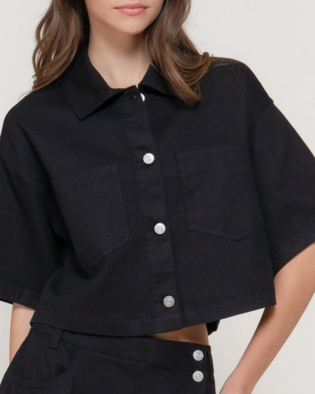 Black Stretch Cotton Boxy Jacket