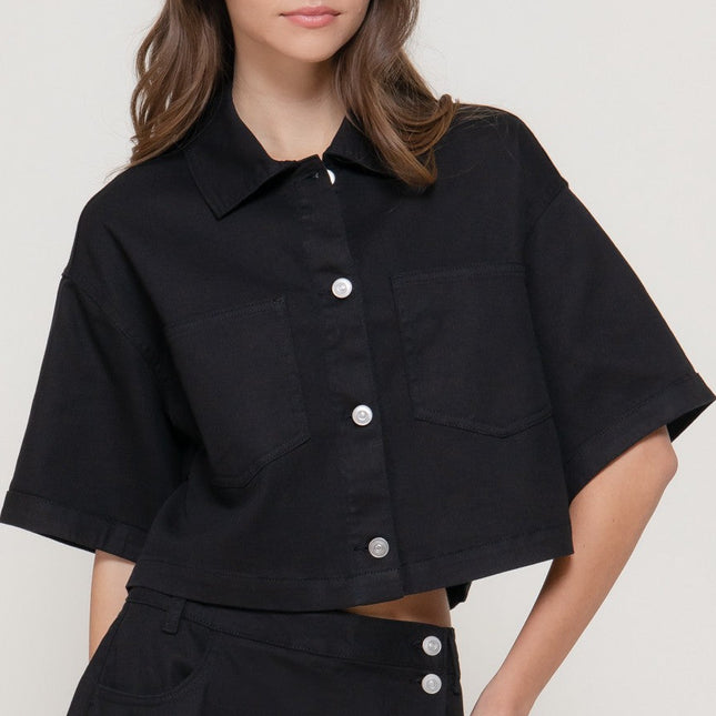 Black Stretch Cotton Boxy Jacket