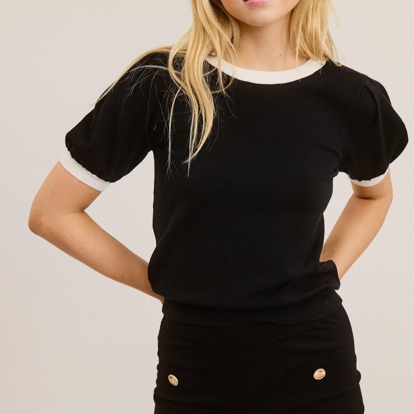 Puff Short-Sleeve Black Knit Top