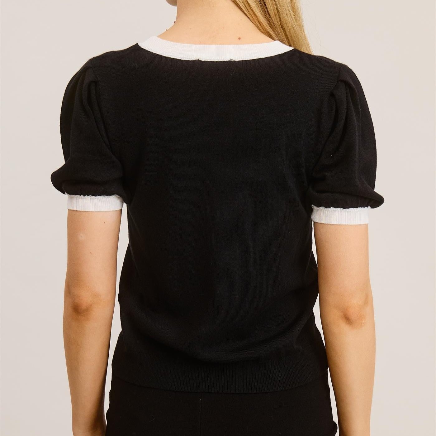 Puff Short-Sleeve Black Knit Top