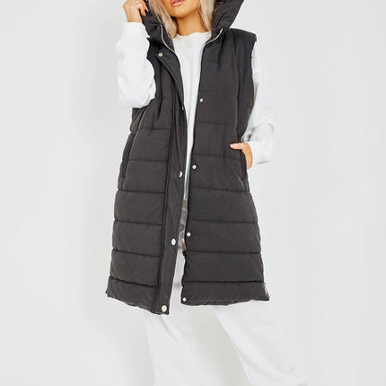 Black Longline Puffer Hooded Vest - Shop Simply Apparel