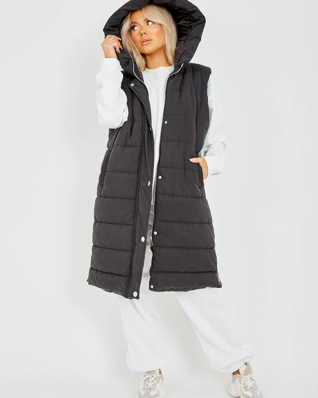 Black Longline Puffer Hooded Vest - Shop Simply Apparel