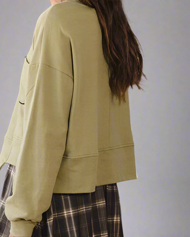 Olive Chest Pocket Semi Crop Sweatshirt - Shop Simply Apparel
