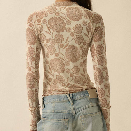 Cream Floral-Print Mesh Top - Shop Simply Apparel