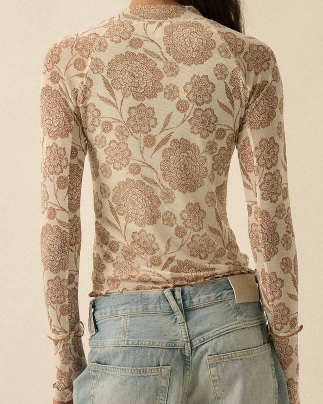 Cream Floral-Print Mesh Top - Shop Simply Apparel