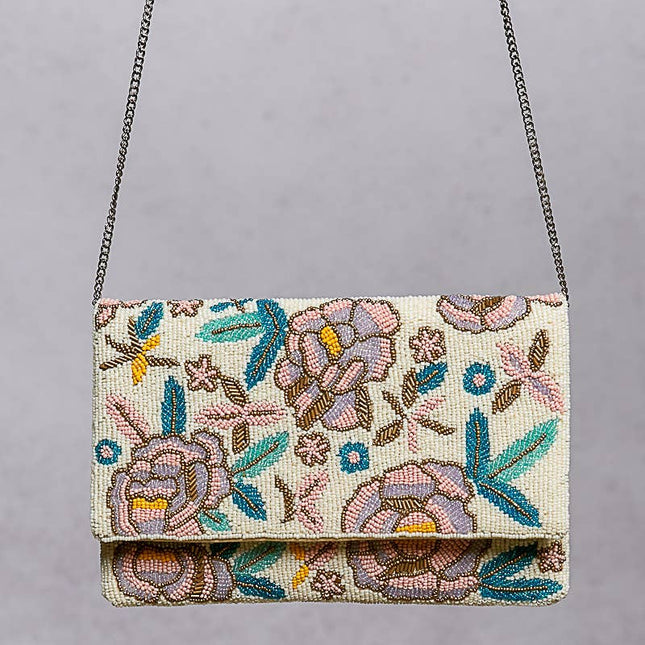 PRE-ORDER Floral Beaded Chain Strap Ivory Bag