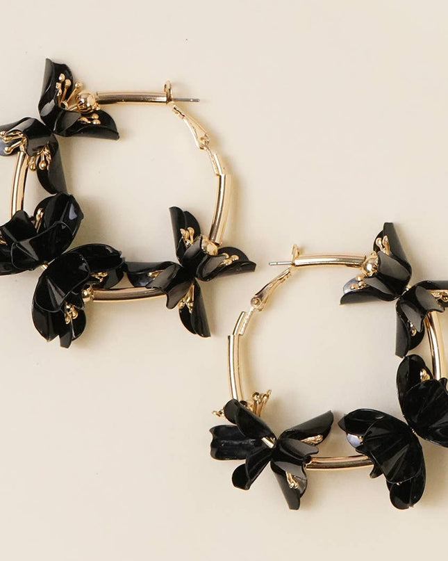 Black Flower Hoop Earrings